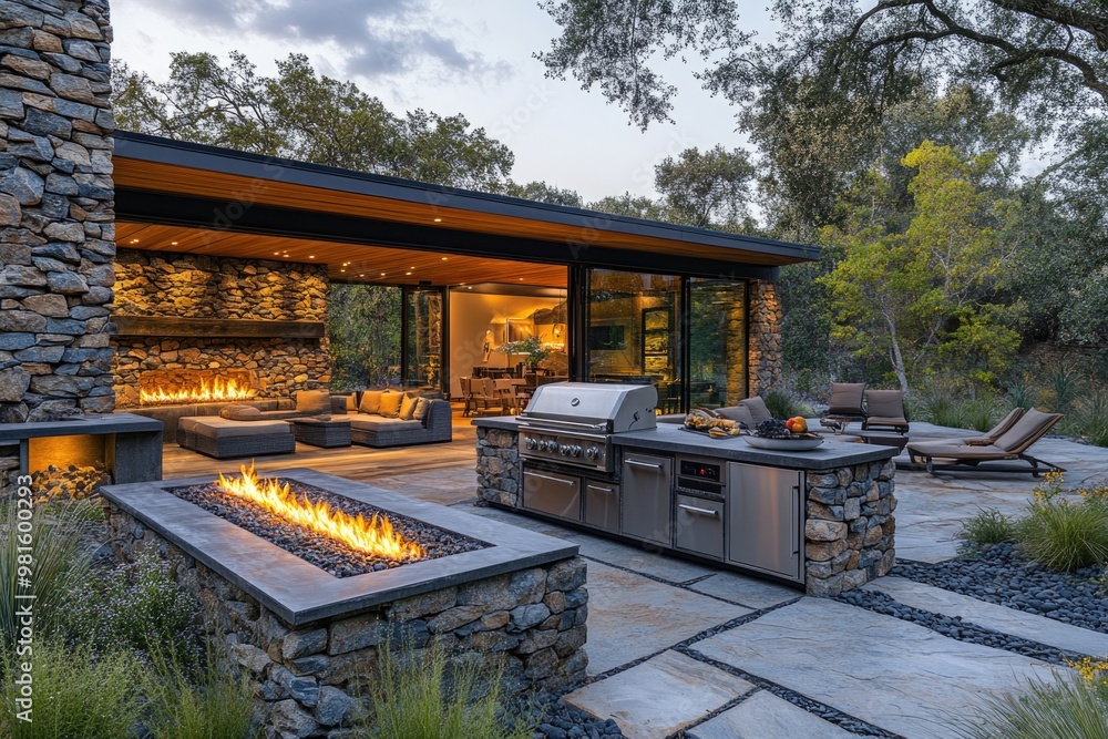 Chic Outdoor Barbecue Setup: Modern Gas Grill, Cozy Lounge Furniture, and Fire Pit at Dusk