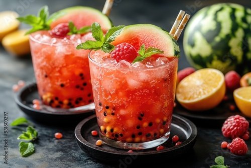 Subak Hwachae: Korean Watermelon Punch Cocktail with Fruit Slices and Tapioca Pearls for Parties photo