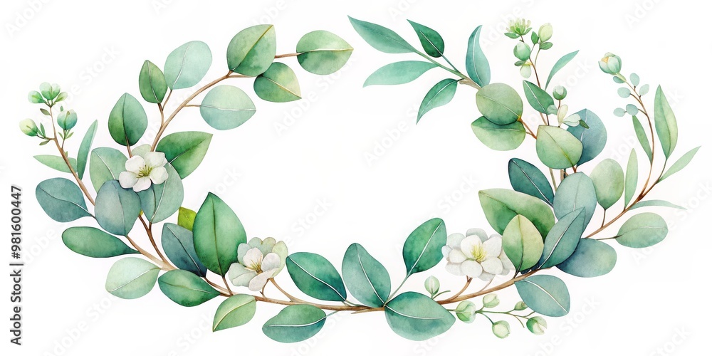Obraz premium Watercolor Eucalyptus Wreath with Delicate White Flowers, watercolor, floral wreath, botanical illustration, greenery, floral design, frame