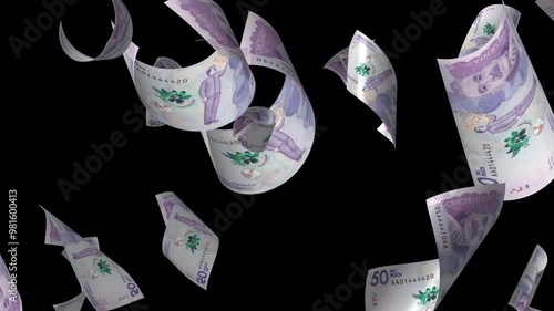 Animation of high denomination Colombian money flying, 60fps, 4k, perfect for finance and banking