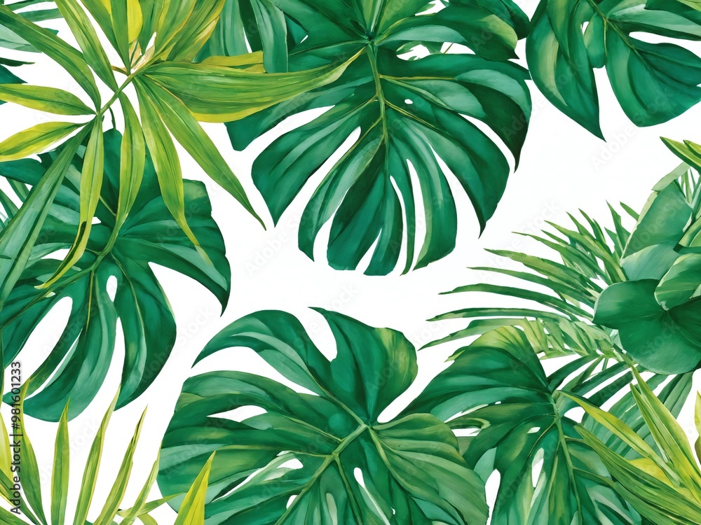 Lush green tropical leaves arranged beautifully in a vibrant pattern perfect for nature-inspired decor Lush green tropical leaves arranged beautifully in a vibrant pattern perfect for nature-inspired decor