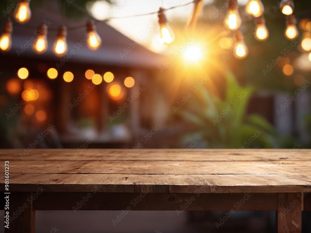 Rustic wooden table under glowing string lights with sunset backdrop in a cozy outdoor setting Rustic wooden table under glowing string lights with sunset backdrop in a cozy outdoor setting