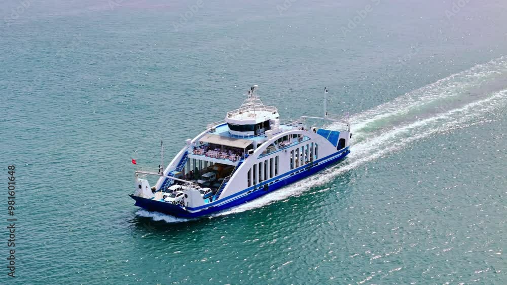 Ferryboat crossing the sea, water transport carrying cars and passengers, deck of a boat carrying vehicles. Aerial view Ferryboat crossing the sea, water transport carrying cars and passengers, deck of a boat carrying vehicles. Aerial view