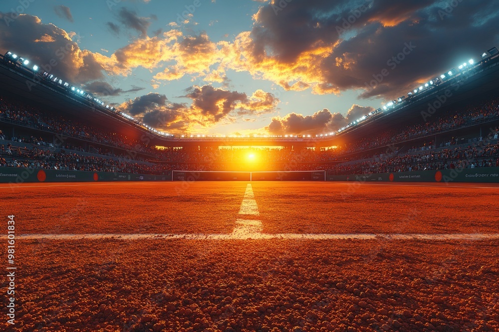 Panoramic Sunset View of Tennis Stadium with Epic Clouds and Vibrant Orange Clay Court