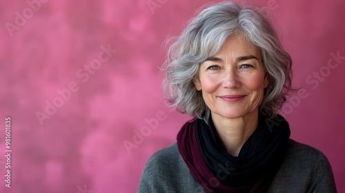 An elegant elderly woman smiles warmly while dressed in a cozy sweater and scarf, standing confidently against a vibrant pink backdrop, radiating positivity and charm.