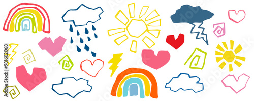 Handgemalte sonne, Wolken, Regenbogen