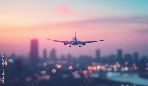 an airplane flying over the city, with a blurred background, evening light, city lights, bokeh effect, blurred sky with sunset colors, blurred river in the foreground Generative AI