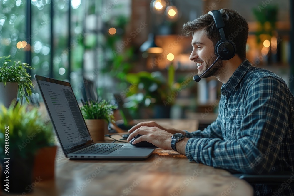 Happy Businessman Using Laptop and Headset for Customer Service, Sales, and Financial Planning Happy Businessman Using Laptop and Headset for Customer Service, Sales, and Financial Planning