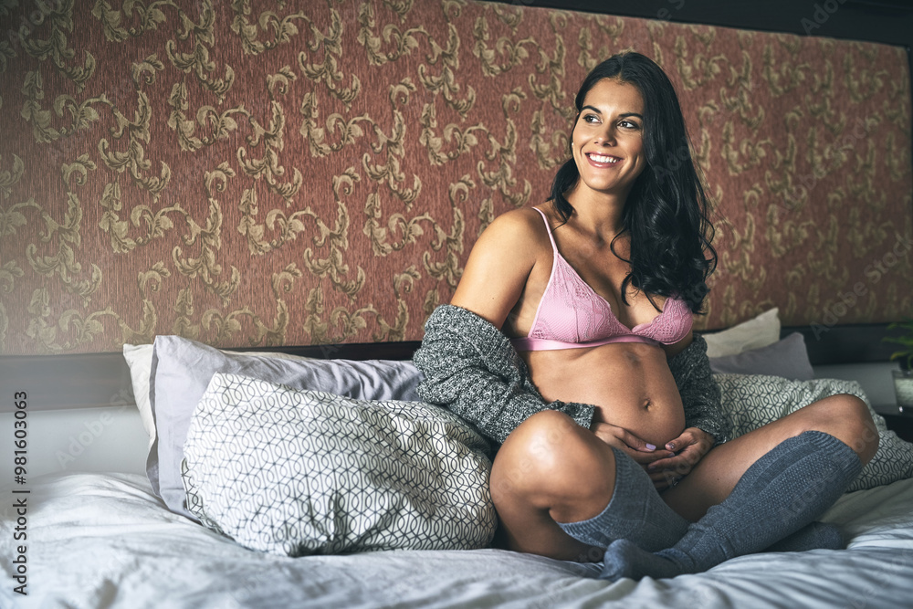 Thinking, happy pregnant woman and relax in bed in home for maternity, prenatal care and health. Bedroom, pregnancy and future mother touch stomach in underwear for dream, resting and expecting baby Thinking, happy pregnant woman and relax in bed in home for maternity, prenatal care and health. Bedroom, pregnancy and future mother touch stomach in underwear for dream, resting and expecting baby