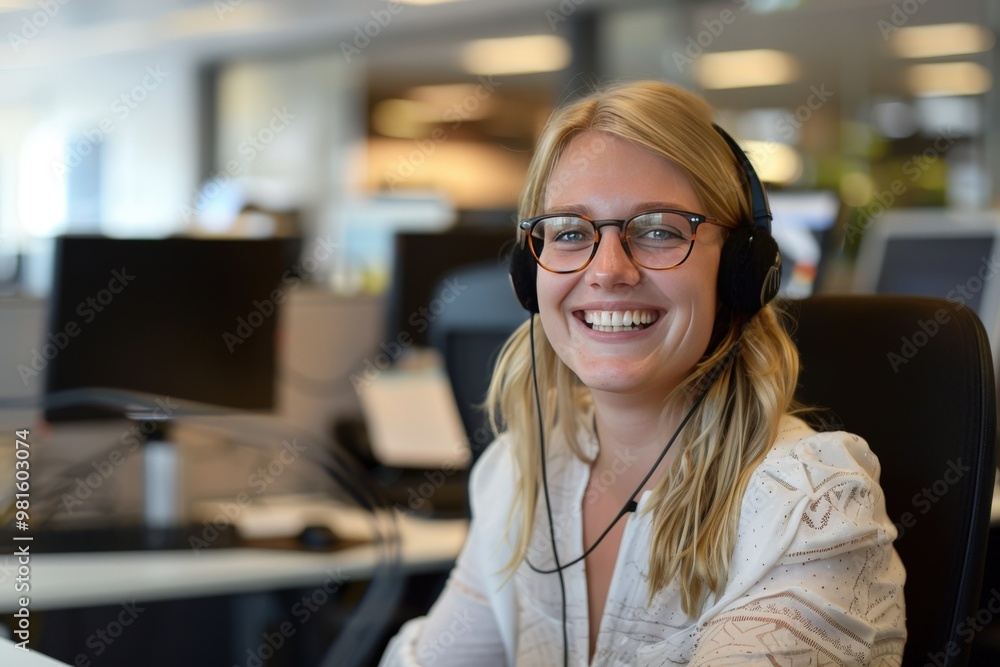 Fototapeta premium A woman wearing glasses and a headset is smiling at the camera, generative ai image