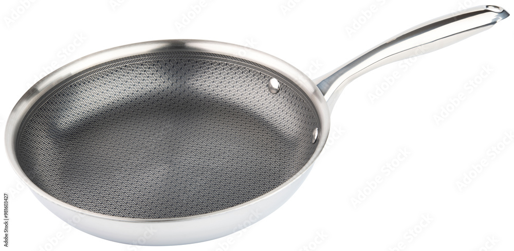 Frying pan. New nonstick pan with stainless steel handle. Fry pan for cooking. Gray ceramic coating. Free of PFAS PFOA, lead and cadmium. Professional metal chef kitchenware. White isolated background Frying pan. New nonstick pan with stainless steel handle. Fry pan for cooking. Gray ceramic coating. Free of PFAS PFOA, lead and cadmium. Professional metal chef kitchenware. White isolated background
