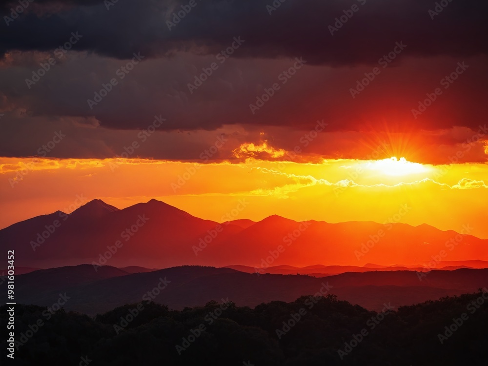 Fototapeta premium Stunning sunset over mountain range with dark clouds illuminated by vibrant orange and yellow hues during evening hours