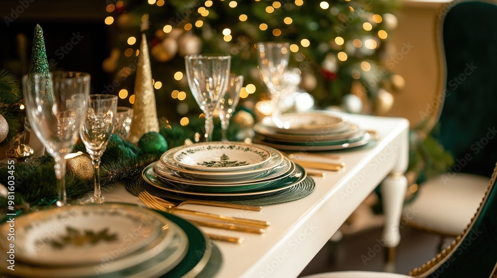 A close up festive table set for Christmas or New Year dinner with green and red plates A close up festive table set for Christmas or New Year dinner with green and red plates