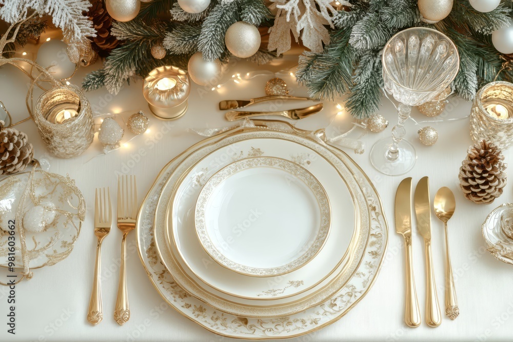 Elegant white and golden Christmas table setting featuring luxurious decor, top view with festive arrangements and delicate details for holiday celebrations Elegant white and golden Christmas table setting featuring luxurious decor, top view with festive arrangements and delicate details for holiday celebrations