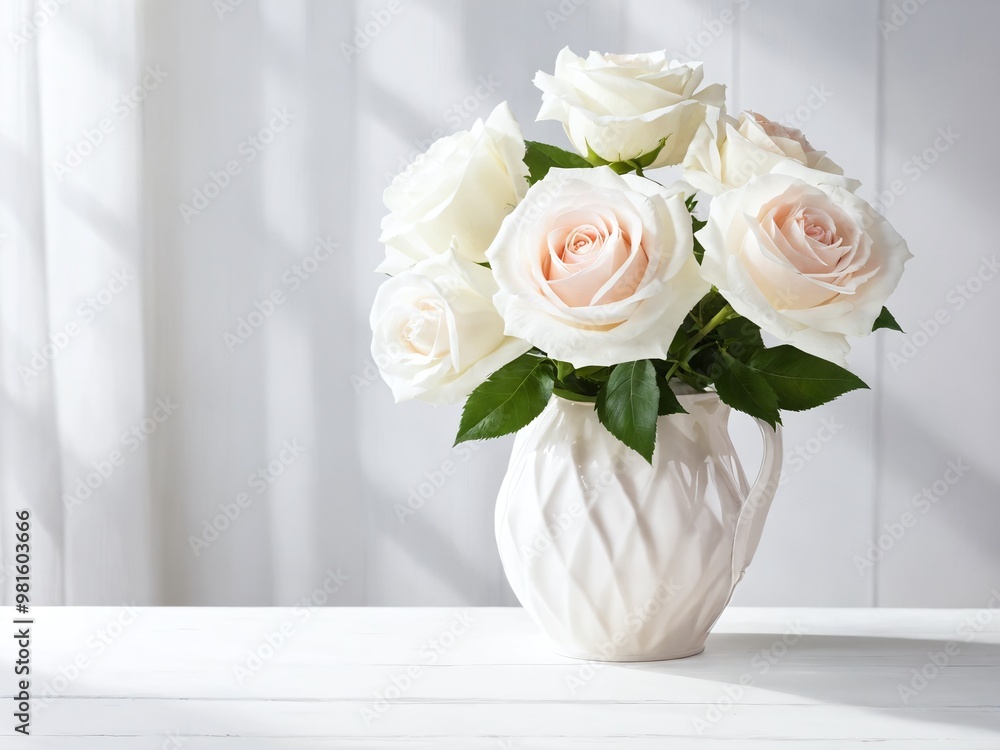 Obraz premium Elegant white roses in a textured vase on a bright table with soft shadows in the background