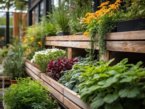 Lush garden display filled with vibrant flowers and herbs in a wooden planter during a bright, sunny afternoon