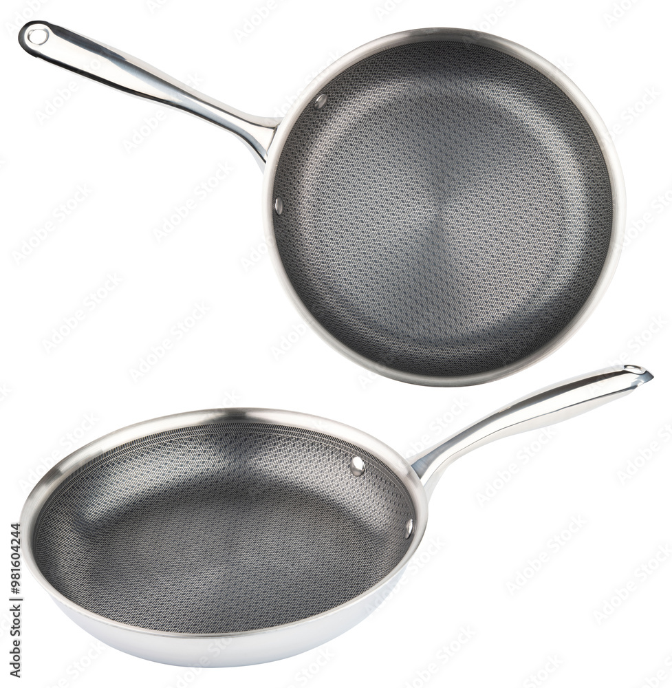 Frying pan. New nonstick pan with stainless steel handle. Fry pan for cooking. Gray ceramic coating. Free of PFAS PFOA, lead and cadmium. Professional metal chef kitchenware. White isolated background Frying pan. New nonstick pan with stainless steel handle. Fry pan for cooking. Gray ceramic coating. Free of PFAS PFOA, lead and cadmium. Professional metal chef kitchenware. White isolated background