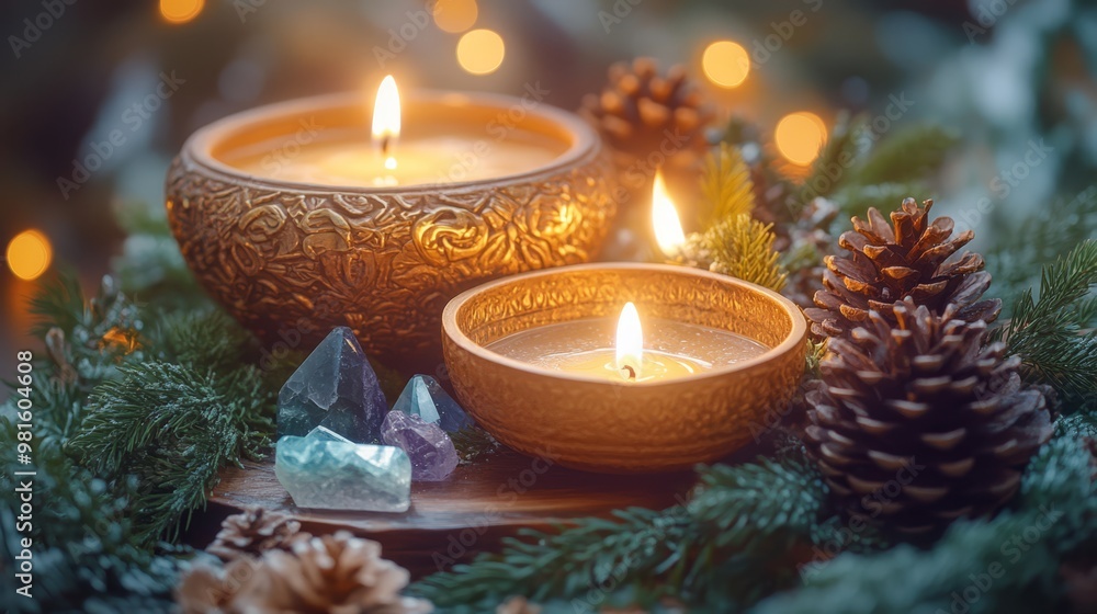 A serene winter solstice altar adorned with evergreen branches, lit candles, crystals, and intentions for renewal and reflection during the longest night of the year A serene winter solstice altar adorned with evergreen branches, lit candles, crystals, and intentions for renewal and reflection during the longest night of the year