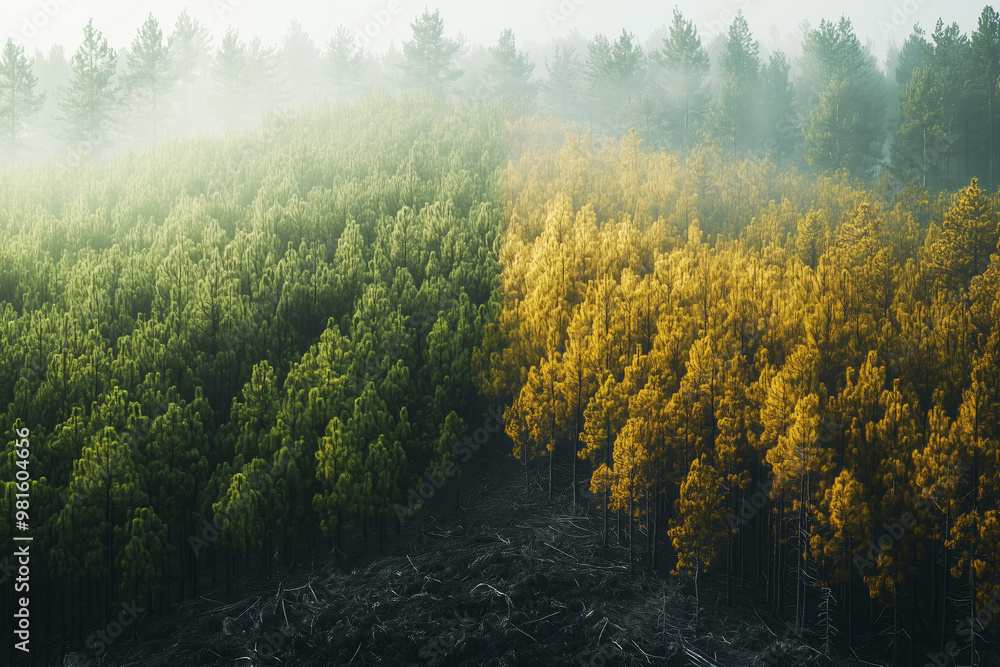 Lush green trees transition to dry, golden foliage, showcasing natures seasonal change. misty atmosphere adds serene and tranquil feeling to this beautiful landscape Lush green trees transition to dry, golden foliage, showcasing natures seasonal change. misty atmosphere adds serene and tranquil feeling to this beautiful landscape