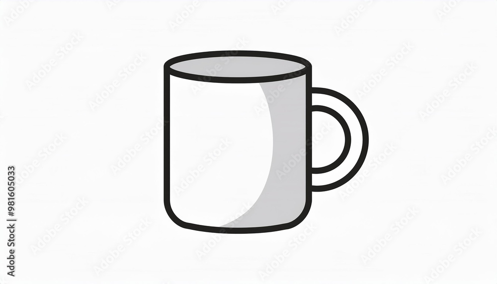 白いシンプルなマグカップが描かれています。カップの輪郭は黒で、カップ自体は白地に軽い影が付けられています。全体的にミニマルなデザインで、背景は白色です。使いやすく、汎用的なコーヒーカップやティーカップのイラストです。generative AI