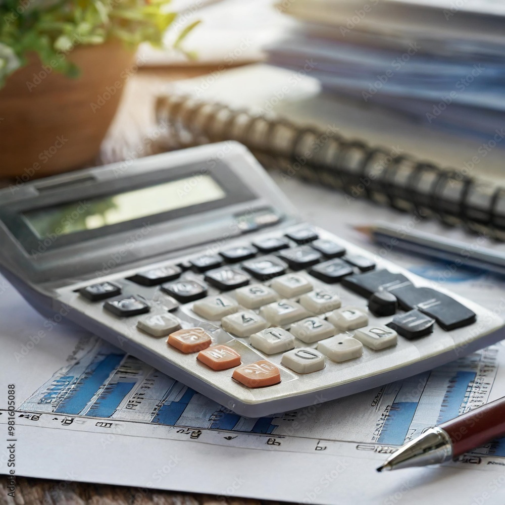 Calculator and financial management spreadsheet with depth of field for efficient budget planning Calculator and financial management spreadsheet with depth of field for efficient budget planning