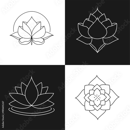 Vector set of logo design templates and emblems in trendy linear style in golden colors on black background - floral and natural cosmetics concepts and alternative medicine symbols
