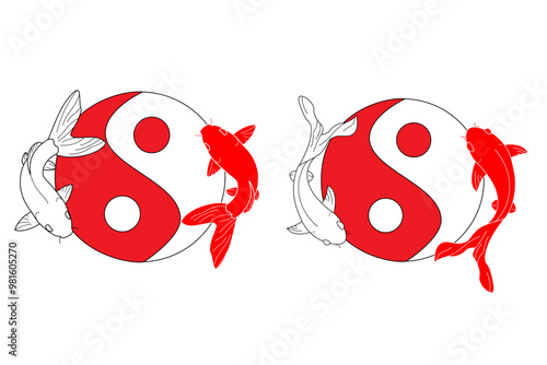 vector illustration of two carp fishes in the circle of yin yang symbol.
