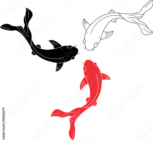 Vector isolated three floating koi karps carps side view colorless black and white contour line easy drawing
