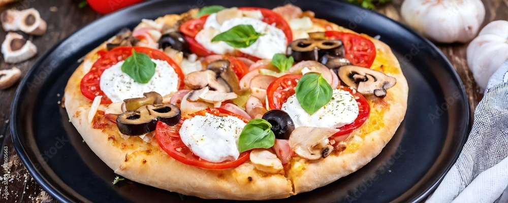 Freshly baked pizza topped with tomatoes, olives, mushrooms, and basil on a wooden table in a cozy kitchen setting Freshly baked pizza topped with tomatoes, olives, mushrooms, and basil on a wooden table in a cozy kitchen setting
