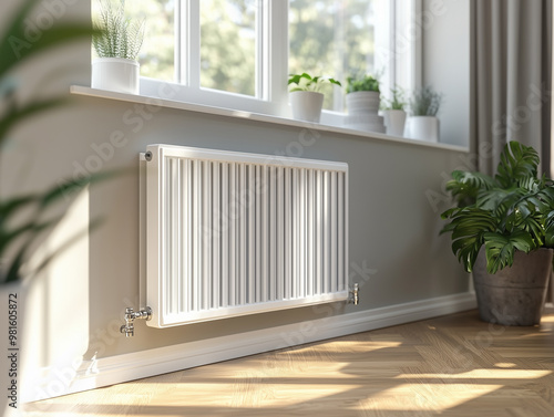 Wallpaper Mural A sleek white radiator sits below a bright window, where sunlight filters through. Potted plants adorn the windowsill, adding a touch of greenery to the warm atmosphere Torontodigital.ca