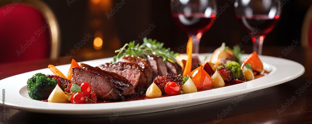 Elegant dining experience featuring a gourmet dish of roasted beef with vegetables and red wine in a luxurious setting Elegant dining experience featuring a gourmet dish of roasted beef with vegetables and red wine in a luxurious setting