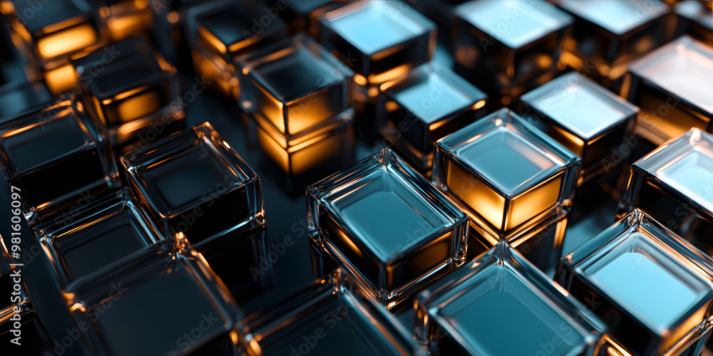 Abstract geometric background with dark yellow glass panels. at different levels. transparent glass cubes. 3d rendering Abstract geometric background with dark yellow glass panels. at different levels. transparent glass cubes. 3d rendering