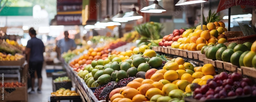 Colorful selection of fresh fruits displayed at a bustling market during daylight hours in a lively urban setting Colorful selection of fresh fruits displayed at a bustling market during daylight hours in a lively urban setting