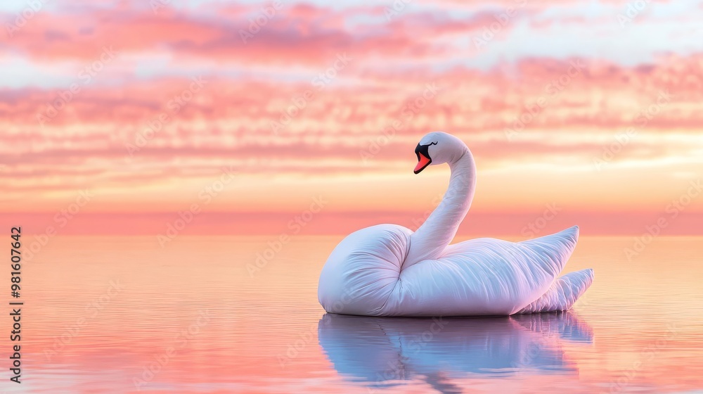 Fototapeta premium Sleeping bag arranged as a swan on a lake shore, sunset reflection, sleeping bag, creative nature artistry