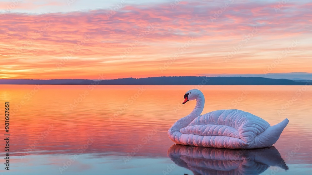 Fototapeta premium Sleeping bag arranged as a swan on a lake shore, sunset reflection, sleeping bag, creative nature artistry