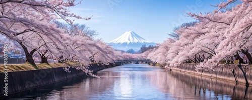Cherry blossom trees lining a tranquil river with Mount Fuji in the background during springtime in Japan