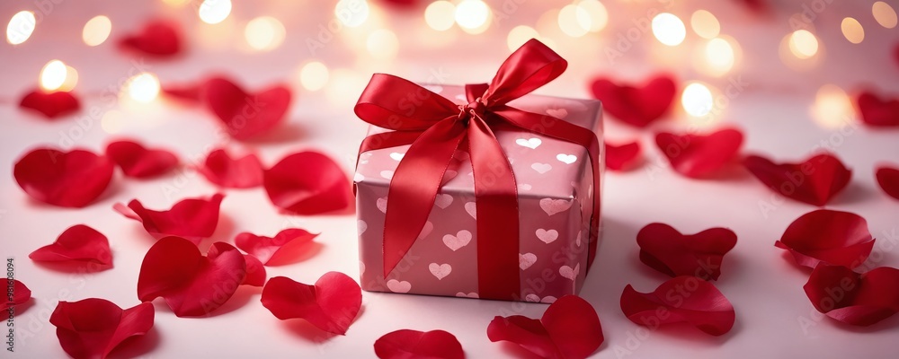 A beautifully wrapped gift box surrounded by heart-shaped petals for a romantic celebration during Valentine's Day A beautifully wrapped gift box surrounded by heart-shaped petals for a romantic celebration during Valentine's Day