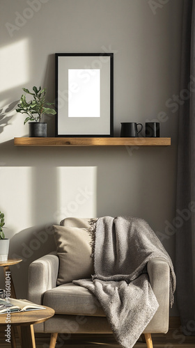 Minimalist, cozy living room corner with modern wooden furniture, armchair, potted plant and decorative empty transparent frame highlighting a calm and neutral-toned interior  photo