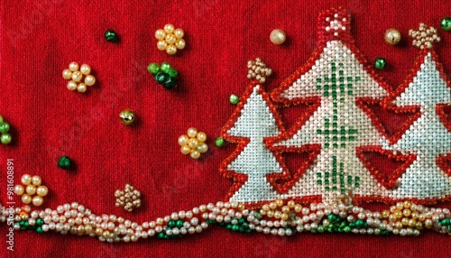 Wallpaper Mural Cloth background with embroidered Christmas ornaments. Semi-abstract, macro Torontodigital.ca