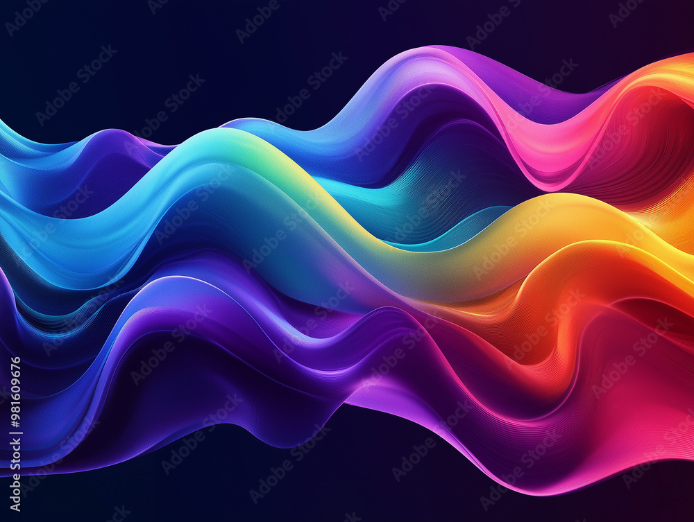 Waves of vibrant colors ripple smoothly against a dark backdrop, showcasing a blend of blues, purples, and oranges. The flow creates a mesmerizing effect that captivates the eye