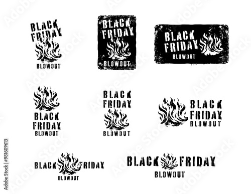 Black Friday blowout  logo stencil graphics - bold black and white promotional logos for Black Friday marketing campaigns - BBQ, smoker, pellets, restaurant, gear, masculine