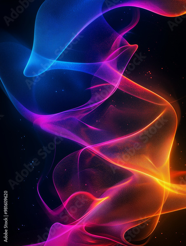 Vivid waves of blue, purple, and orange intertwine, creating an abstract representation of light flowing seamlessly against a dark backdrop, evoking energy and motion