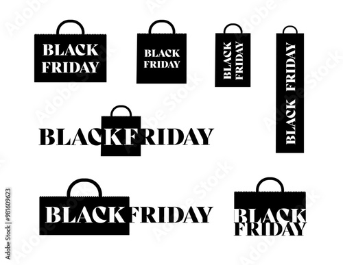 Black Friday retail logo graphics - sexy bold black and white promotional logos for Black Friday marketing campaigns with shopping bags and heavy serif fonts