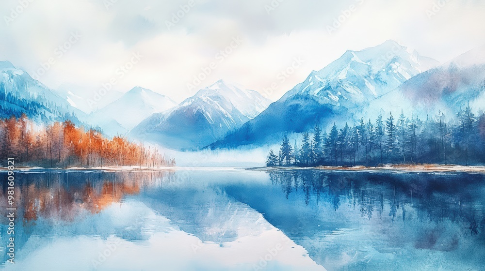 Watercolor painting of a mountain lake reflecting trees. Watercolor painting of a mountain lake reflecting trees.