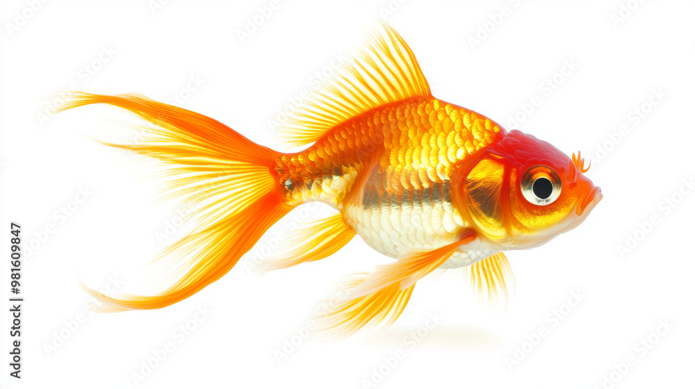 A goldfish with flowing fins, set against a white backdrop, symbolizing good luck and wishes coming true. A goldfish with flowing fins, set against a white backdrop, symbolizing good luck and wishes coming true.