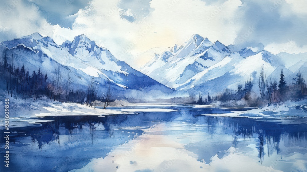 Fototapeta premium Watercolor painting of snowy mountains reflected in a lake.