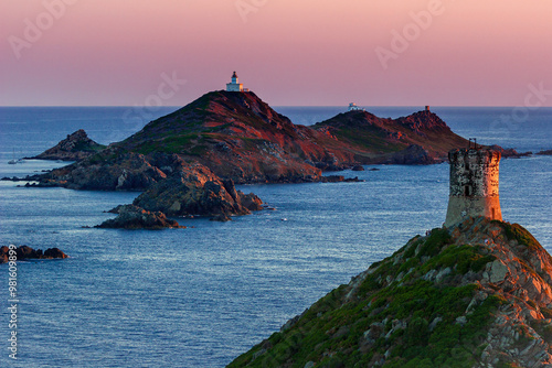 Torra di a Parata with Genoese Tower and Archipelago of Sanguinaires island. The Grand Site des Iles Sanguinaires et de la pointe de la Parata was awarded the "Grand Site de France" label.