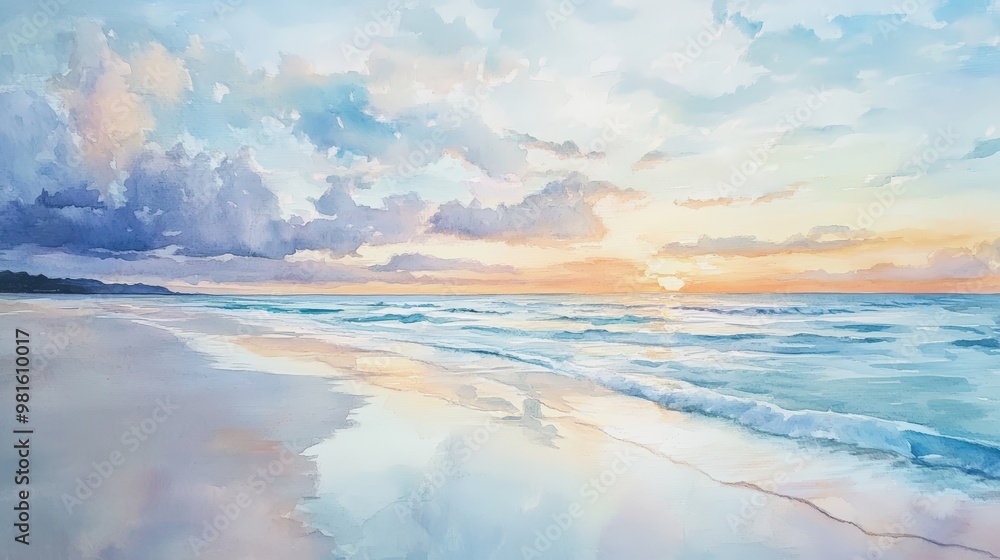 Fototapeta premium Watercolor painting of a beach sunset.