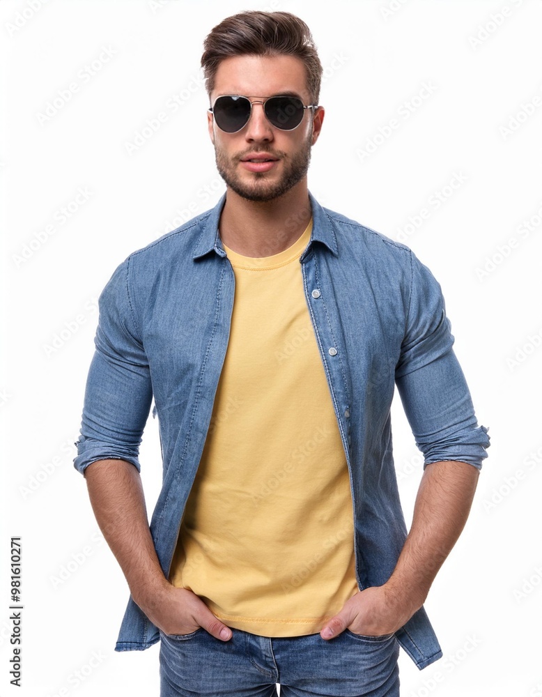 Young Man with Casual Outfit and Sunglasses Isolated on White Background, Clipping Path, Full Depth of Field Young Man with Casual Outfit and Sunglasses Isolated on White Background, Clipping Path, Full Depth of Field