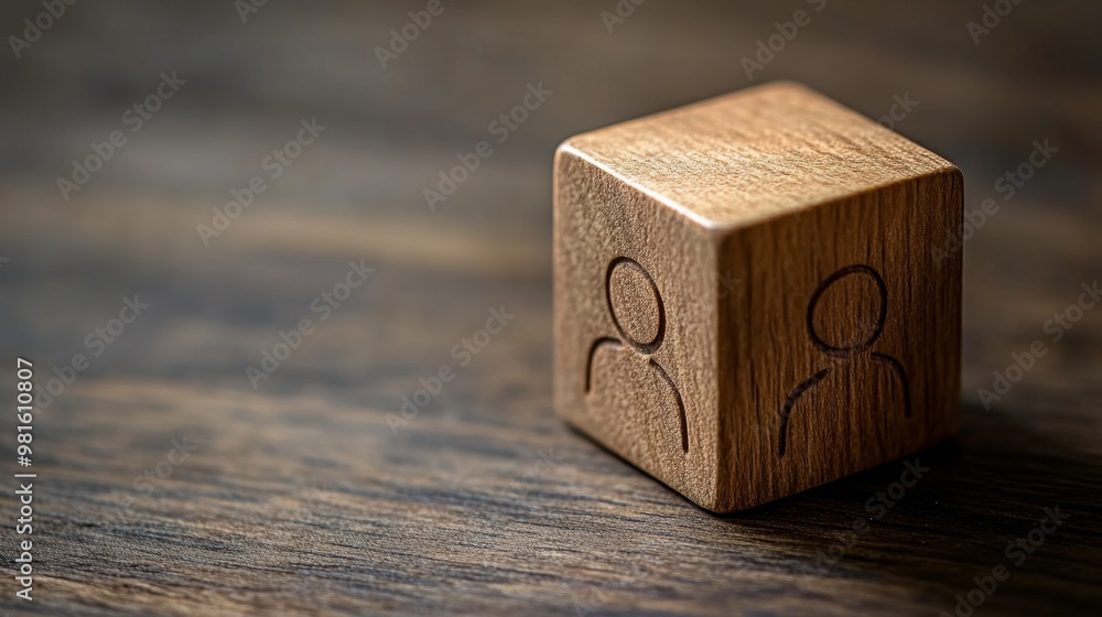 Wooden cube showing two people connecting on top of desk Wooden cube showing two people connecting on top of desk